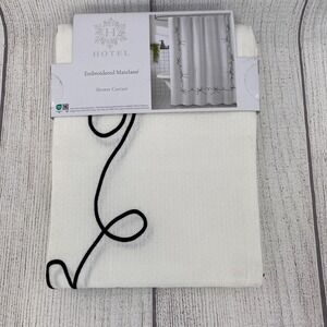 Hotel Shower Curtain White Black Embroidered Matelasse Bow Border Crisp Coquette